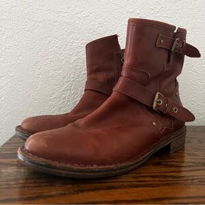 UGG Women Fabrizia Brown Leather Sheepskin Ankle Zip Buckle Boots Size 8.5